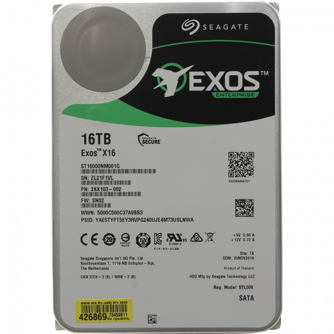 Жесткий диск SEAGATE EXOS X16 512E ORIGINAL SATA-III 16TB SERVER (7200RPM) 256MB 3.5" ST16000NM001G Жесткий диск SEAGATE EXOS X16 512E ORIGINAL SATA-III 16TB SERVER (7200RPM) 256MB 3.5" ST16000NM001G