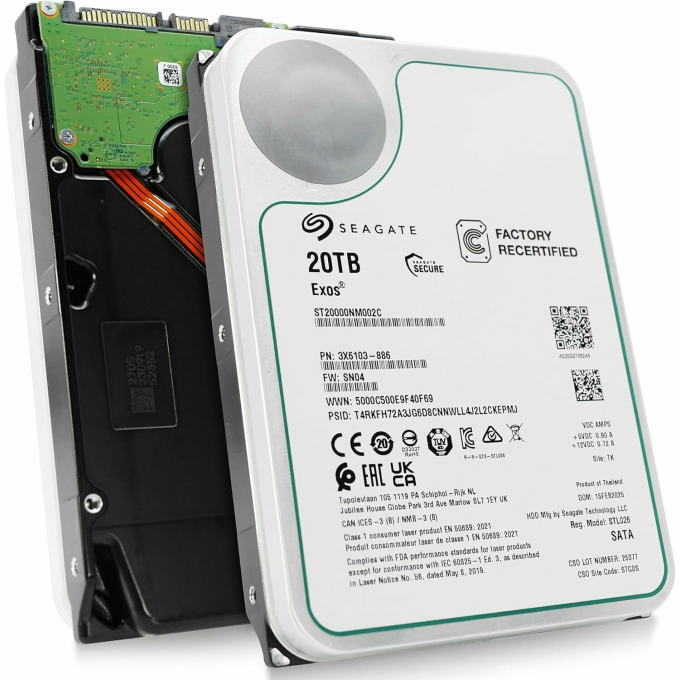 Жесткий диск SEAGATE SATA-III 20TB FACTORY RECERTIFIED SERVER EXOS 512E (7200rpm) 512Mb 3.5" ST20000NM002C