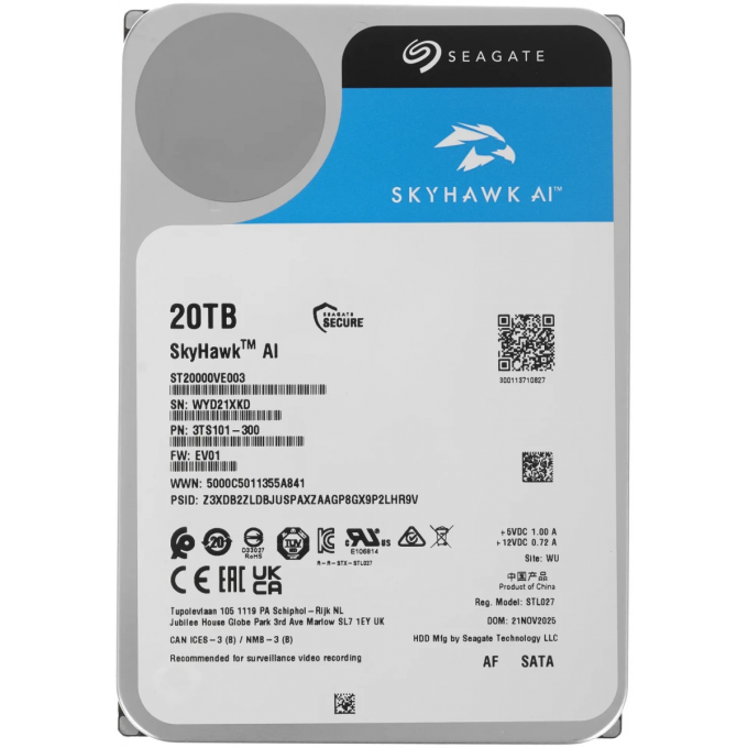 Жесткий диск SEAGATE SATA-III 20TB SURVEILLANCE SKYHAWKAI 512E (7200rpm) 512Mb 3.5" ST20000VE003